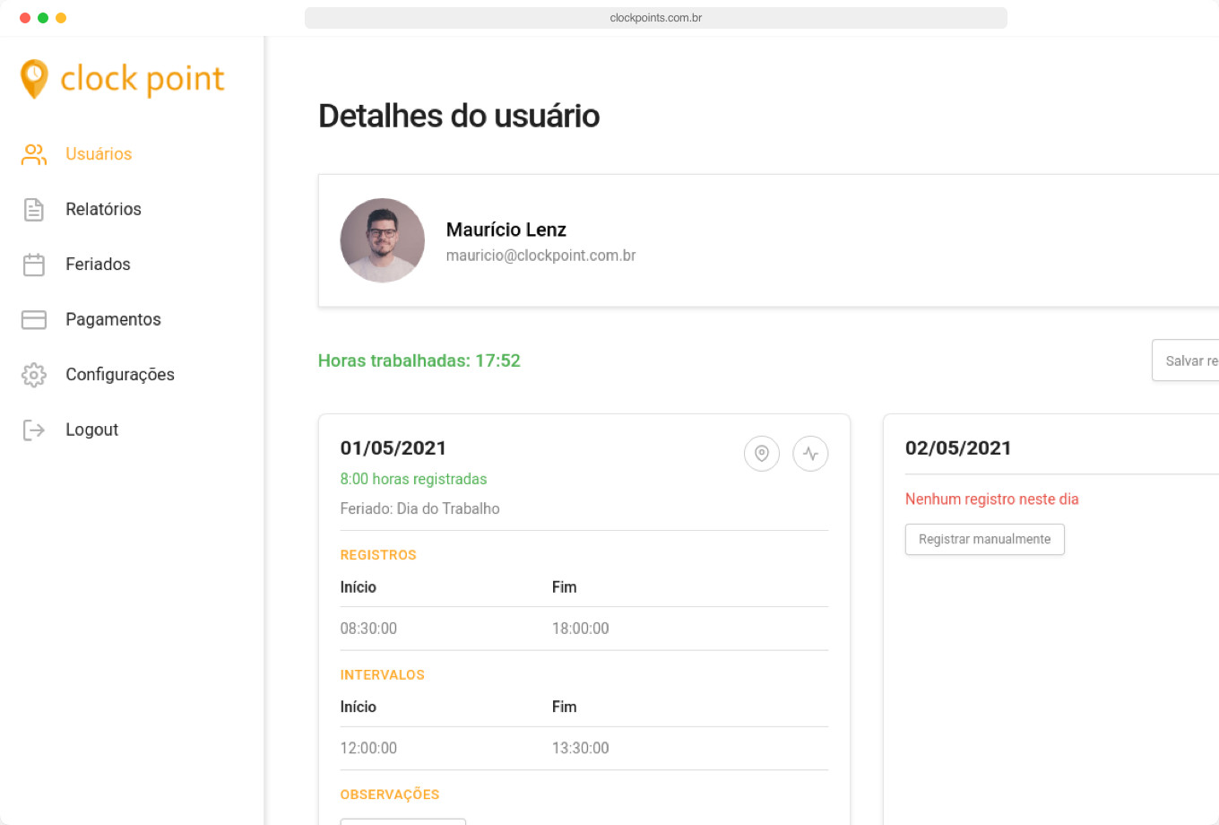 Interface web do projeto clockpoint